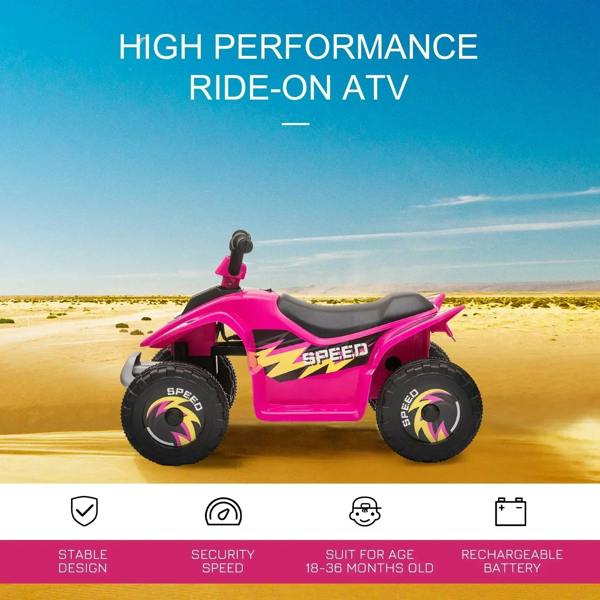 Pink kids electric ride-on ATV quad bike with black seat and four large tread wheels