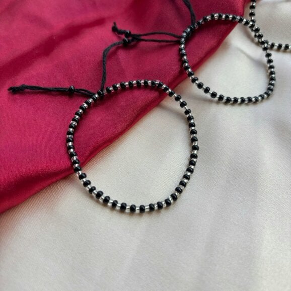 The Colourful Aura Adjustable Silver Black Beads Bracelet For Newborns and Adults