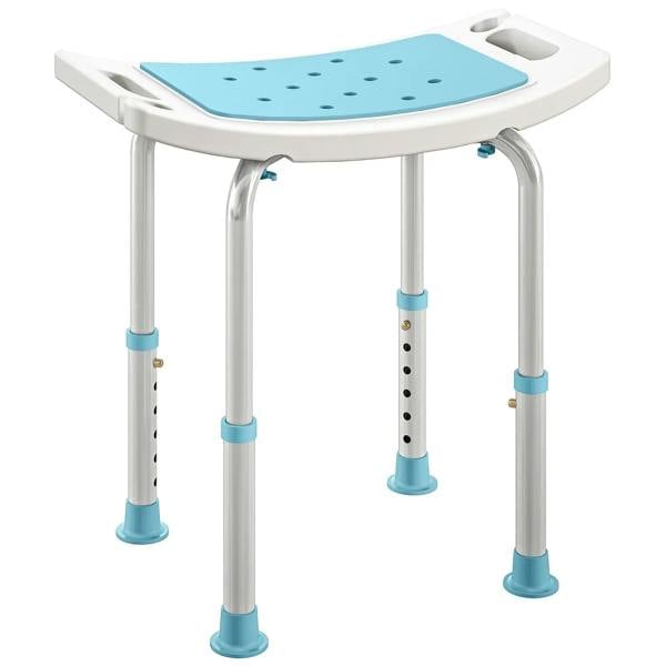 Turquoise shower stool with adjustable aluminum legs and non-slip feet, contoured seat