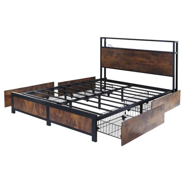 Furniture One Double Bed Frame with 4 Storage Drawers, Metal Bed Frame with LED lights and Charging Station, USB and Type-C charging port