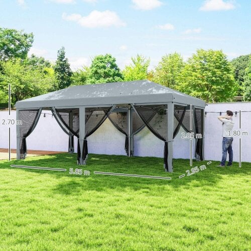 Bobobiy 3 x 6m Pop Up Gazebo, Outdoor Canopy Shelter, Marquee Party Wedding Tent with 6 Mesh Walls and Carry Bag, Grey