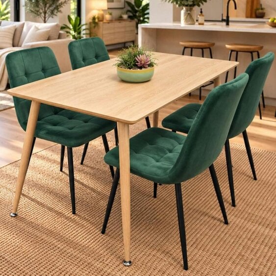 Kosy Koala Modern Wood Effect Dining Table Set With 4 Green Velvet Chairs Dining Room Furniture