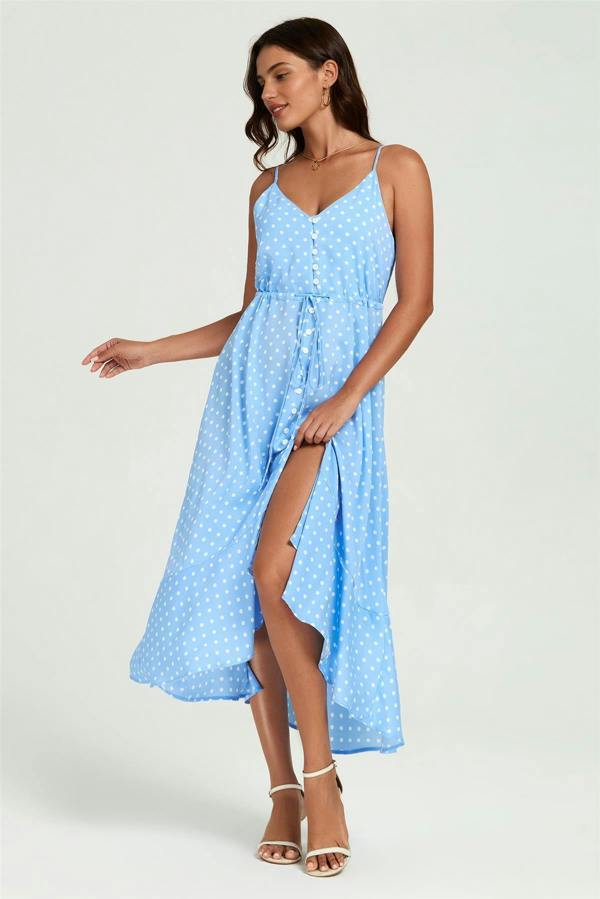 FS Collection Dot Print Button Down High Low Strappy Dress In Light Blue