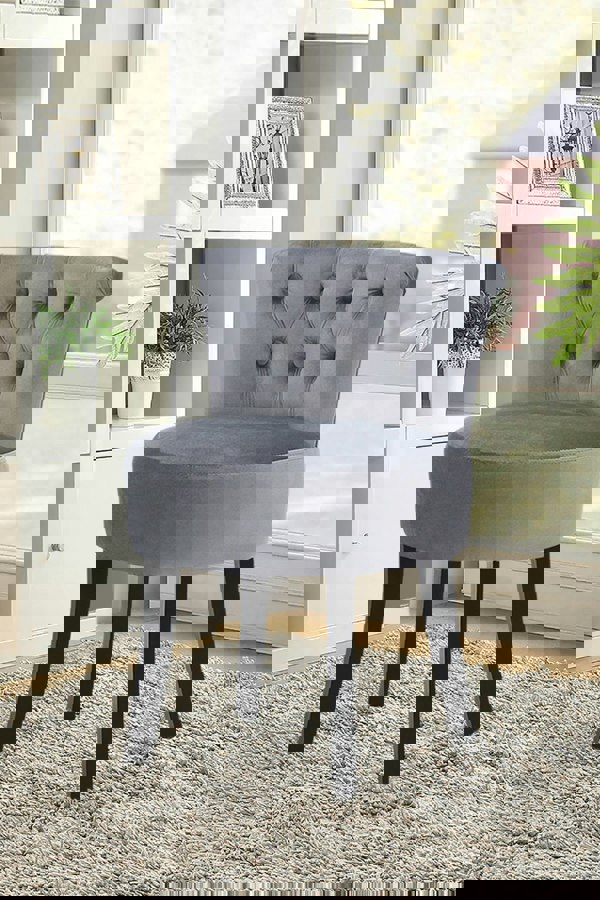 Living and Home Grey Velvet Button Tufted Upholstered Footstool for Dressing Table