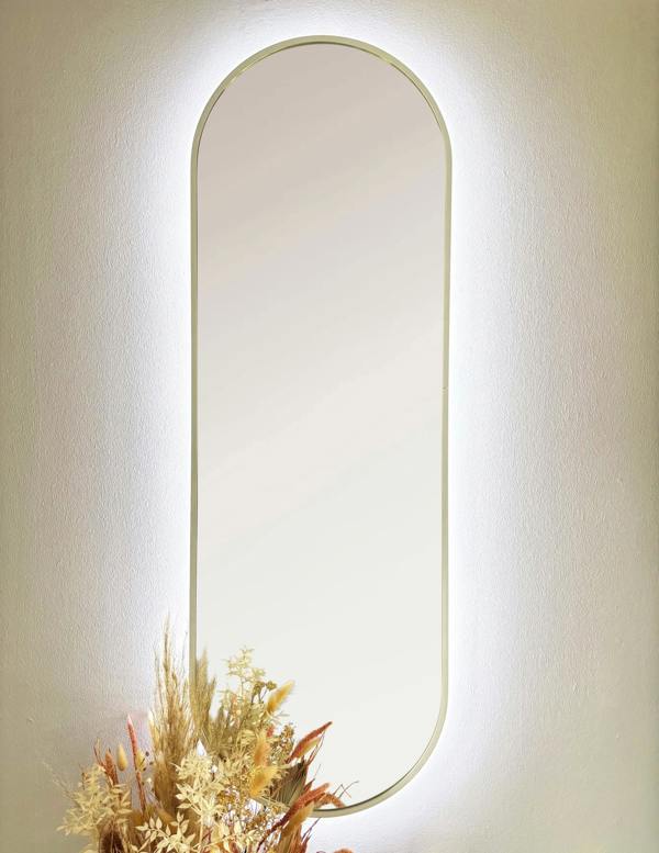 Downton Interiors LED Backlit White Modern Tall Metal Frame Oval Wall Mirror - 120cm