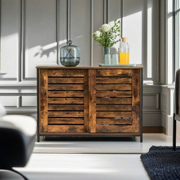 Modcraft Industrial Sideboard with Sliding Doors – Rustic Brown & Black Storage Cabinet