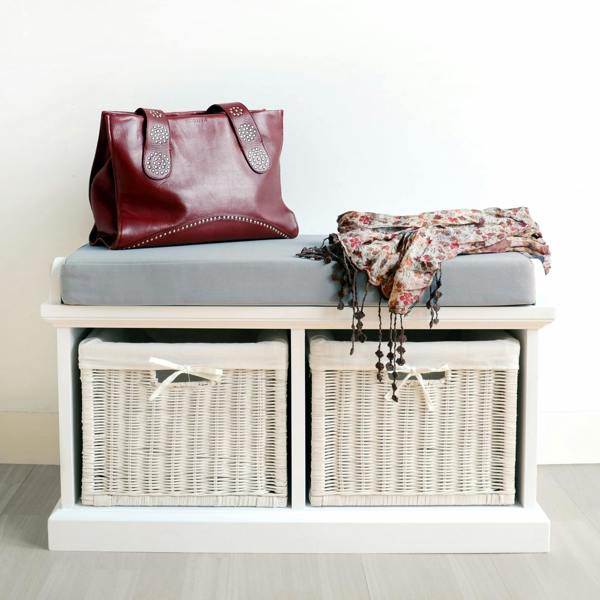 Tetbury Bench with 2 White Wicker Baskets and Cushion Seat