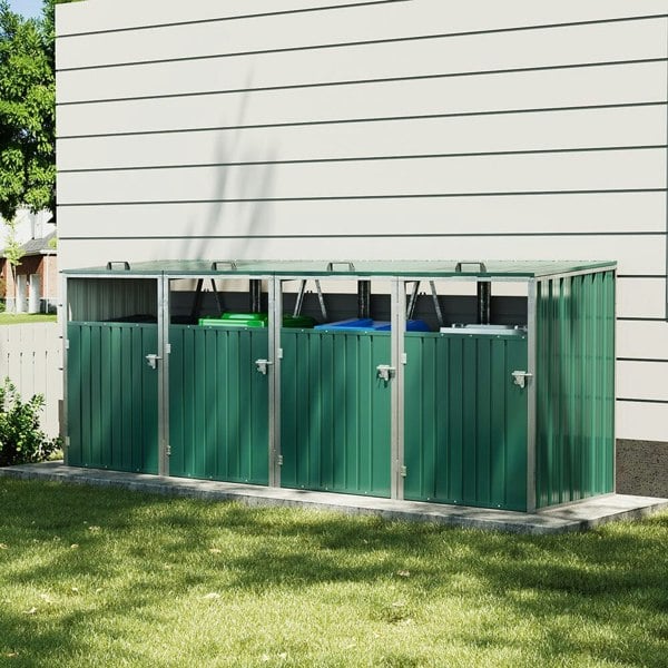 Metal Outdoor Bin Shed for 1/2/3/4 Trash Bins Living and Home Green QuadBin 