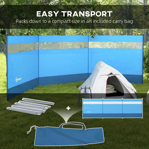 Blue camping windbreak screen with included carry bag and steel poles for transport