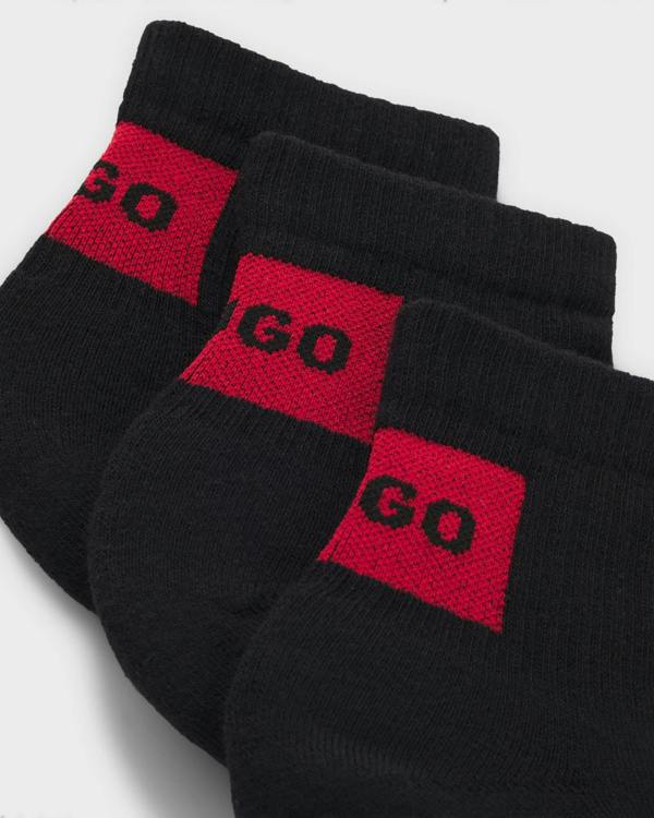 HUGO Three - Pack Mens ankle socks with red logo labels - Black 001 | CHO | Designer Mens,Underwear & Socks,Socks