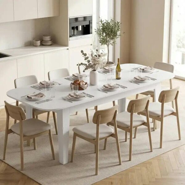 Extendable Oval Dining Table for 4-6, Modern Expandable Kitchen Table, Round Edges, White - White