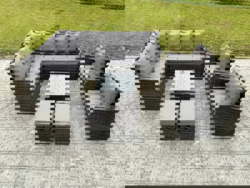 Fimous 10 Seater Outdoor Garden Furniture Set Wicker PE Rattan Corner Sofa Set with Square Coffee Table 2 Small Footstools 2 Armchairs Dark Grey Mixed