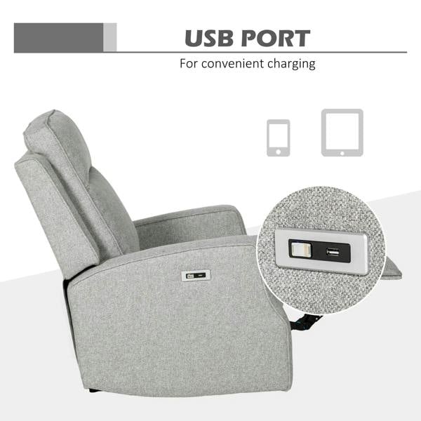 Grey electric recliner showing USB port panel on the armrest side