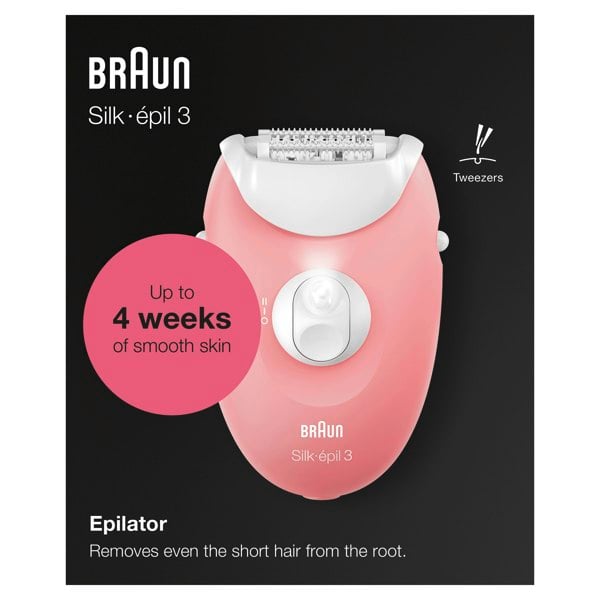 Braun Silk-epil 3, Corded Epilator For Hair Removal, Weeks Of Smooth Skin, 3-000 - Purple