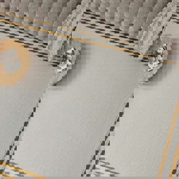 Bordered Living Room rug, gold-cream colours, stain-resistant and non-shedding