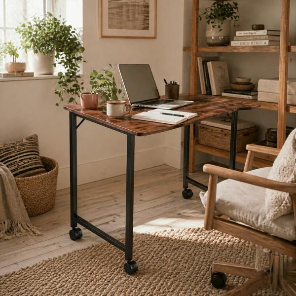 Wyld Haus Zika 80cm Wooden Rustic Brown Folding Desk Lockable Wheels