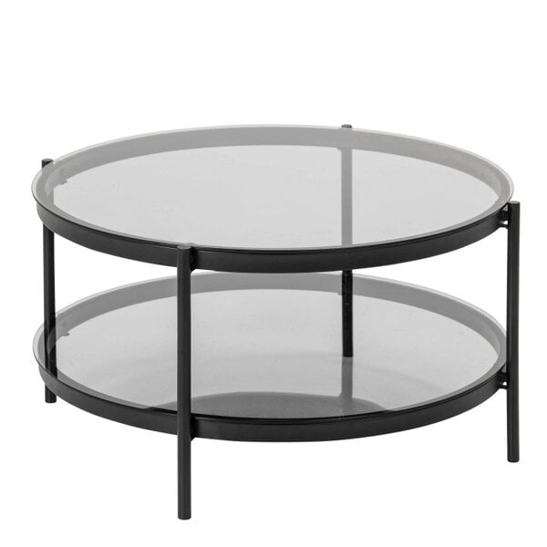 Wyld Haus Featheroak Grey Glass Round Coffee Table Black Metal Legs