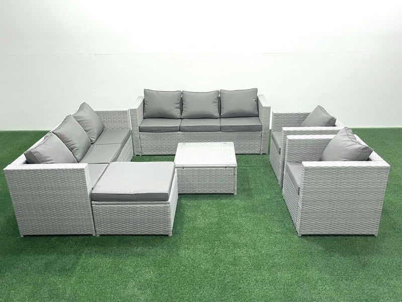Fimous Outdoor Rattan Sofa Garden Furniture Set with 2 Armchairs Square Coffee Table Big Footstool Light Grey Mixed