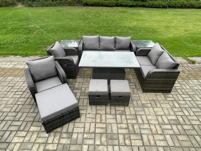 Fimous Wicker PE Rattan Garden Furniture Patio Set, Adjustable Height Dining Table, Reclining Chair Sofa, 2 Side Tables, 3 Footstools, Dark Grey Mixed