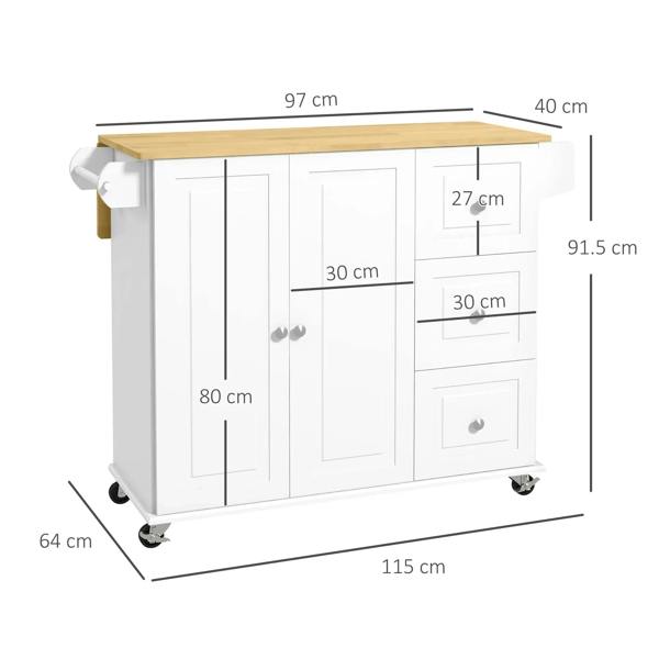 White kitchen island trolley with drop-leaf top, cabinet doors, and drawer storage