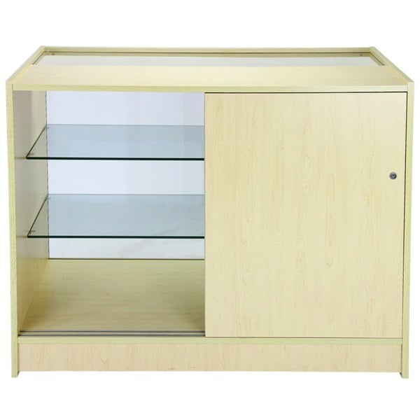 Light wood Comet Counter Set with a sliding glass door, two glass shelves, and a sleek, modern design for display and storage