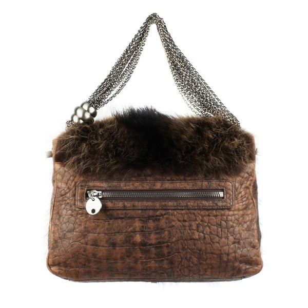 Thomas Wylde crocodile effect leather in brown with coyote fur covering shoulder bag