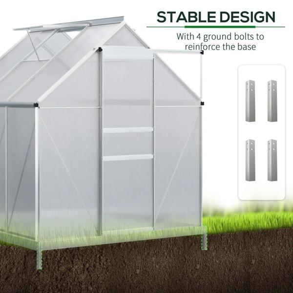Walk-in greenhouse with reinforced base using ground bolts, clear polycarbonate panels
