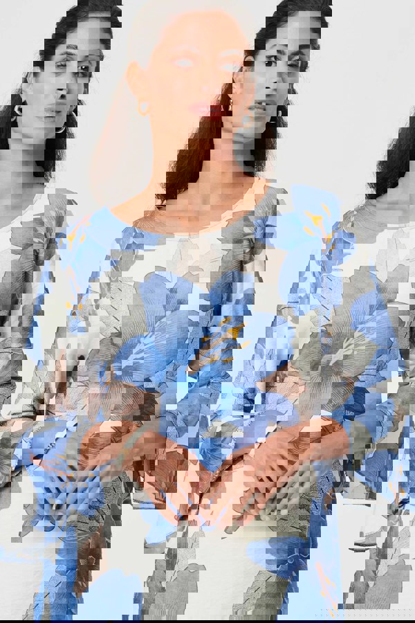 Blue | Floral 3/4 Flared Sleeve Relaxed Blouse
