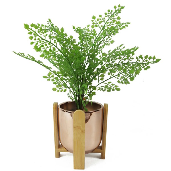 Leaf 16cm Gold Ceramic Planter with Bamboo Stand