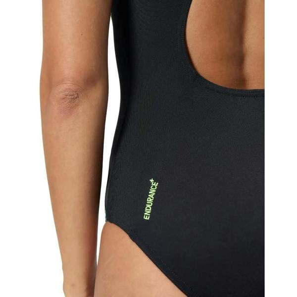 Black Speedo placement muscleback swimsuit with lime green endurance logo and medium leg