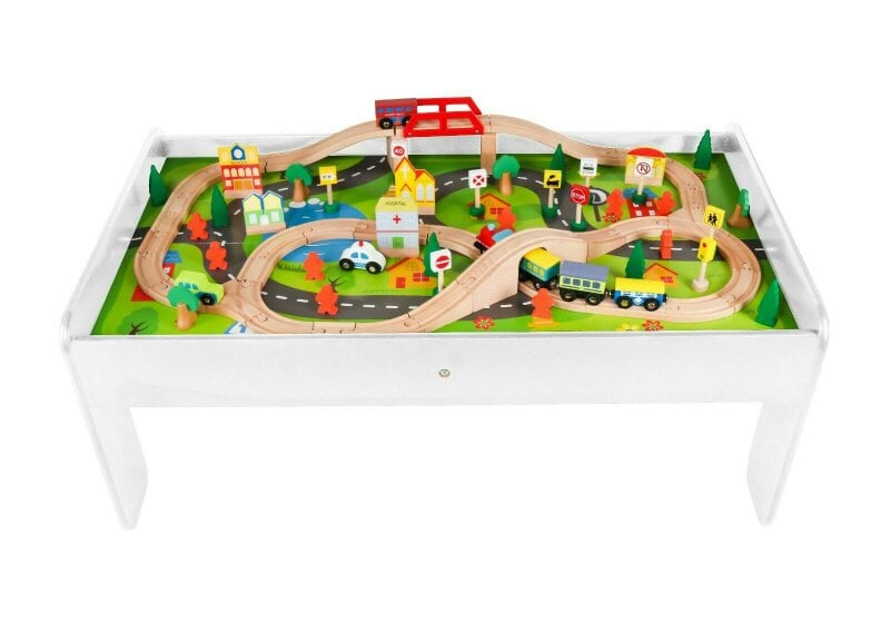 HYGRAD BUILT TO SURVIVE Kids Wooden Activity White Table and 90 Piece Train Set Car Track + Accessories