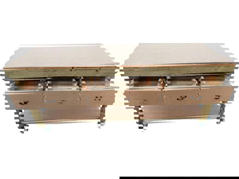 Wooden MDF Top Workbench – Mobile Tool Cabinet with Drawers and Wheels, Ideal for Dry Indoor Spaces Such as Garages, Workshops, and Studios.