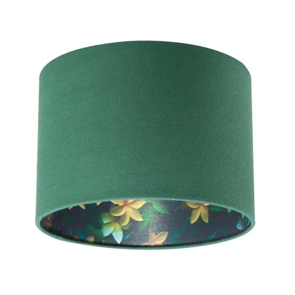 Yellow and Green Flowers Round Lamp Shade in Forest Green Linen Fabric Image 1