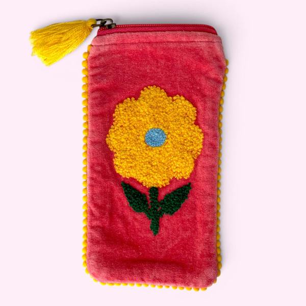 Hayley & Co Embroidered Velvet Glasses Case | Pink Sunflower