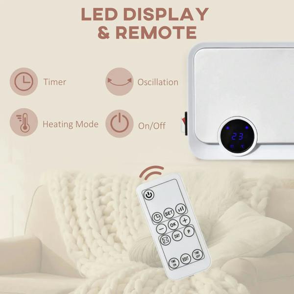 White wall heater with LED display and included remote control on a sofa