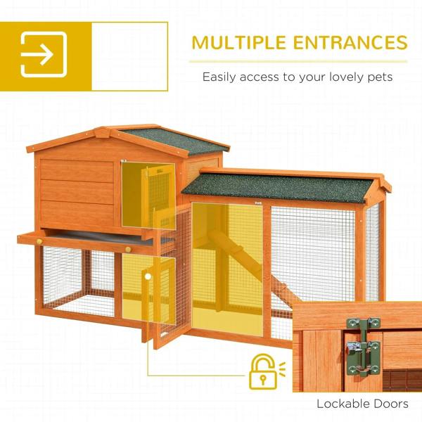 Orange two-tier rabbit hutch with multiple access doors and lockable entry panels