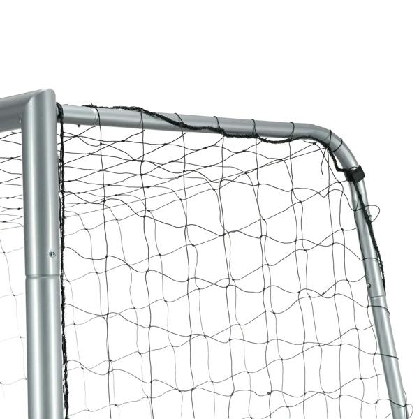 Football goal side view with light grey posts and white mesh netting