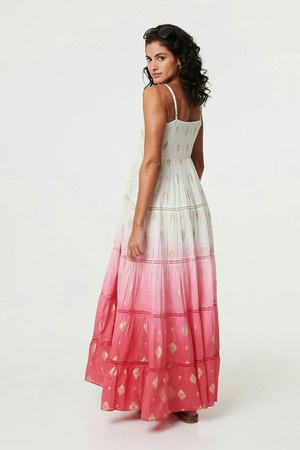 Pink | Ombre Print Tiered Sleeveless Maxi Dress
