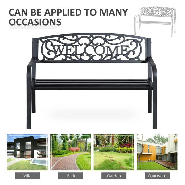 Black steel garden bench with ornate 'WELCOME' back panel and slatted seat