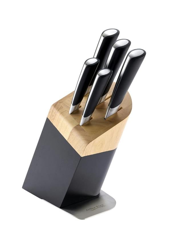 Arthur Price Kitchen 6 Piece Black and Wooden Knife Block Set
