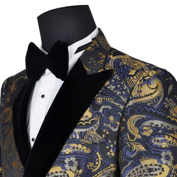 David WeJ Kensington Double Breasted Peak Lapel Jacquard - Blue Gold
