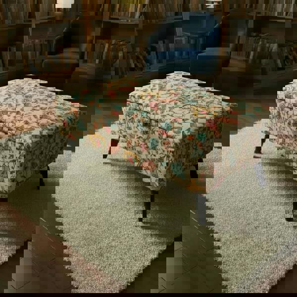 Contemporary living room storage ottoman with vibrant abstract design