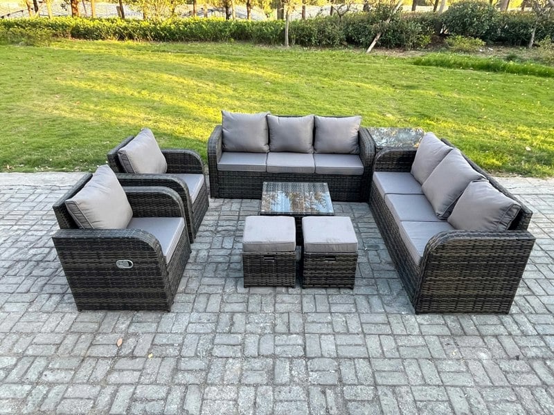 Fimous Dark Grey Mixed High Back Rattan Outdoor Lounge Set - Square Coffee Table, Side Table & 2 Small Footstools