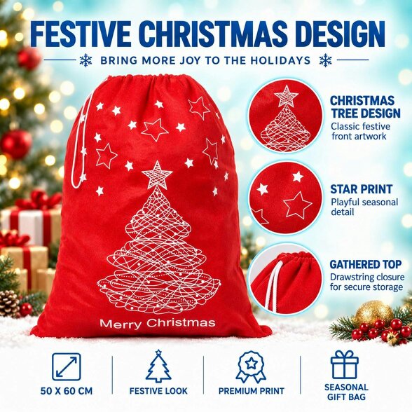 Shatchi 60cm x 45cm Red Merry Christmas Santa Sack with Festive Print for Gifts and Dressing Up