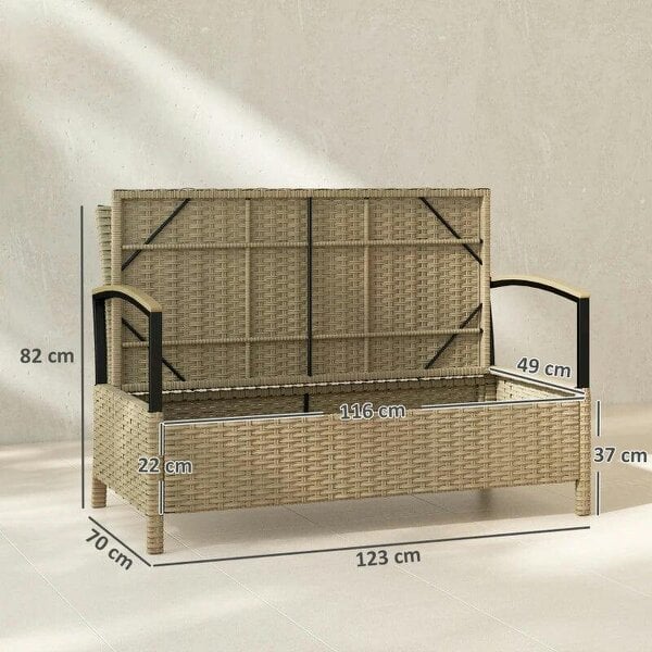 125L Garden Storage Bench, 2 Seater PE Rattan Outdoor Bench Storage Box with Padded Cushion, Khaki