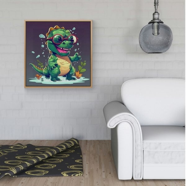 Warren Reed Happy Dino In A Puddle Framed Canvas