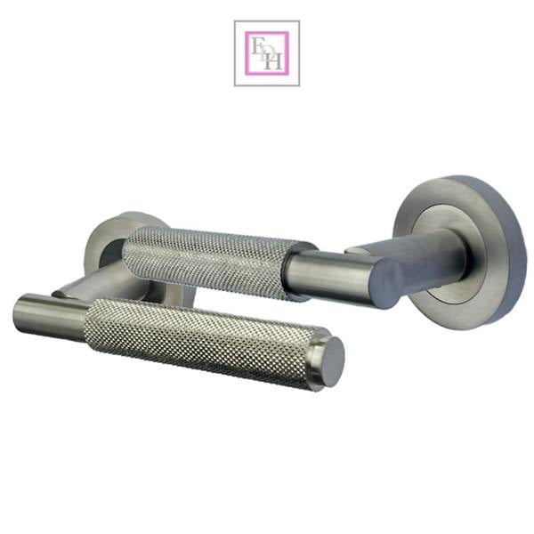 EDH Door Hardware Satin Nickel Knurled Door Handles on Round Rose – Modern Internal Lever Handle