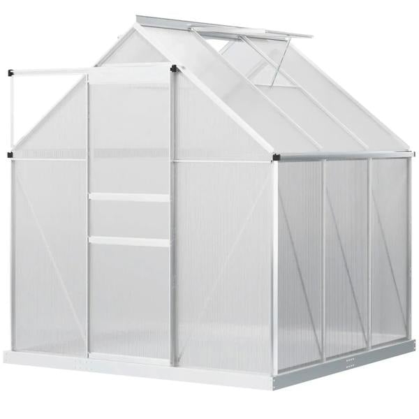 Walk-in greenhouse with clear polycarbonate panels and silver aluminum frame, gable roof