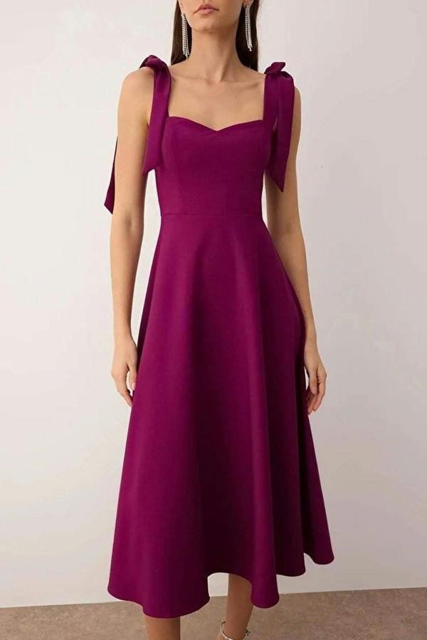WOVCOR Tie Strap Midi Dress with Sweetheart Neckline
