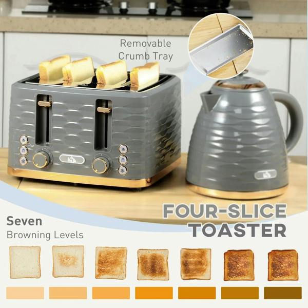 Grey four-slice toaster with removable crumb tray and rapid-boil kettle, side by side